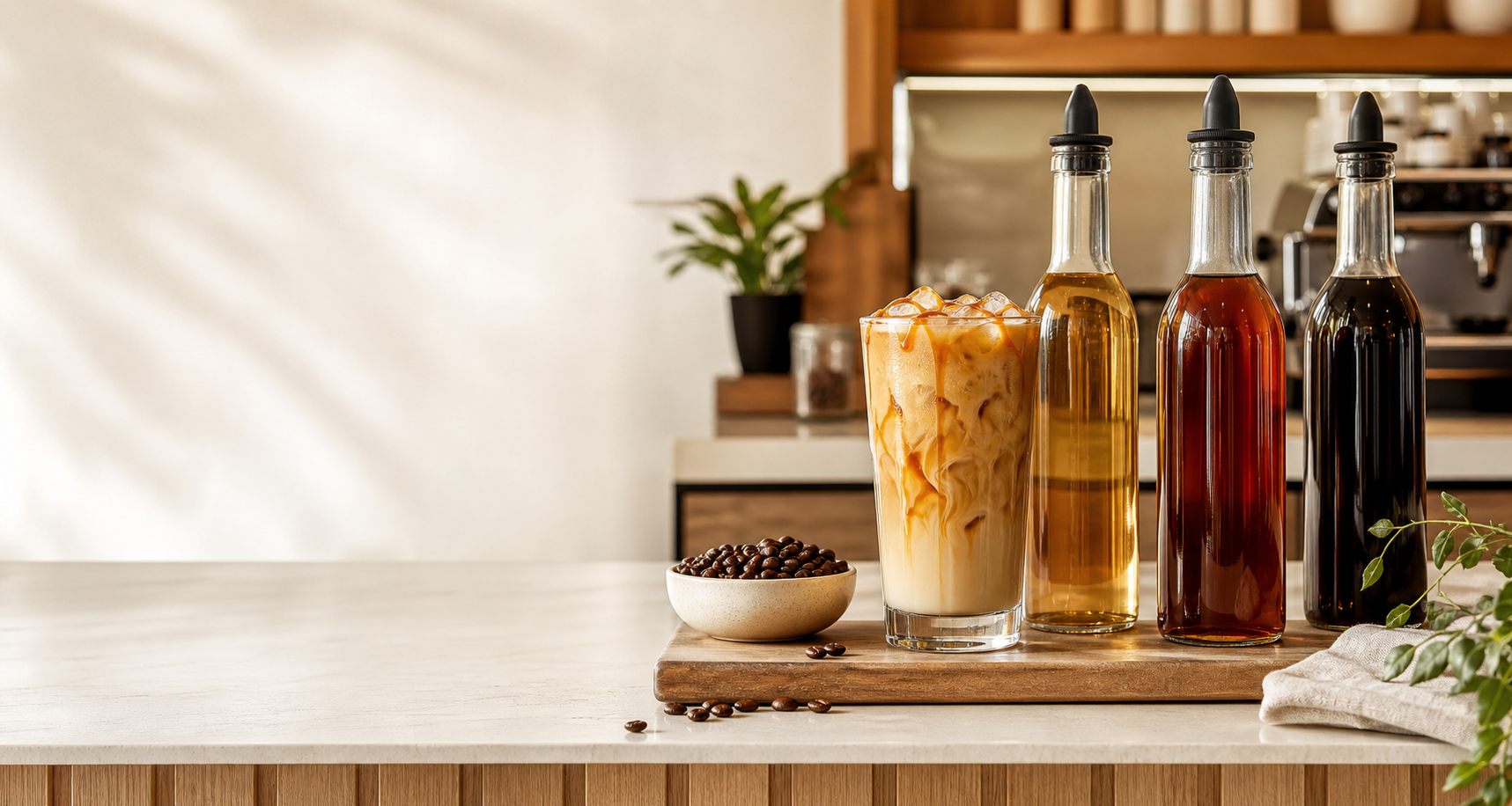 Iced coffee and beverage ingredients on a warm café counter