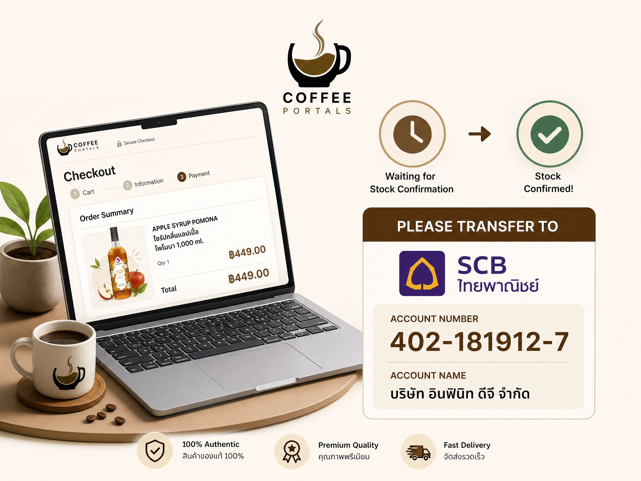 บัญชีธนาคารสำหรับโอนเงิน ชำระเงินค่าสินค้า Coffee Portals